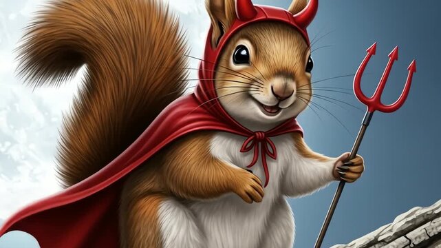 A cartoon squirrel dressed as a devil holding a trident