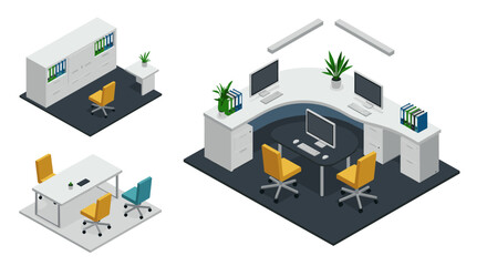 Modern isometric office spaces with desks and chairs