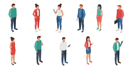 Isometric casual people engaged in daily activities on white background