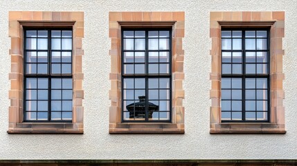 Fototapeta premium Three windows with black frames and orange trim, set against a white wall with a stone texture, reflecting a black object inside one of the windows.