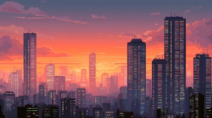 Urban city skyline at sunset with illuminated skyscrapers and pink purple clouds. Metropolitan evening cityscape for business, real estate, and urban development marketing.