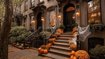 Autumnal Halloween decorations on a historic New York street