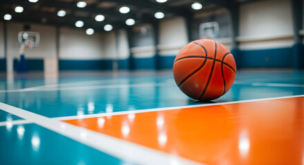A basketball rests on a polished indoor court, ready for a game, with blurred hoops in the background, creating a sense of anticipation