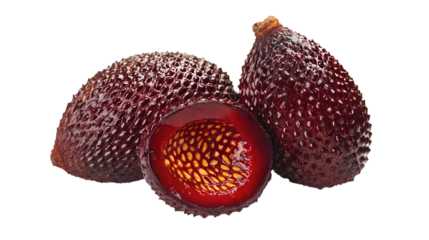 Exotic snake fruit slice reveals juicy texture and unique seed pattern, perfect for culinary exploration, Isolated on white background