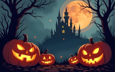 Scary Halloween background with pumpkins and old castle. Generative AI. High quality