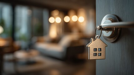Close-up of a house-shaped keychain hanging on a door handle in a modern living room with warm lighting and comfortable furniture