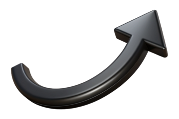 Thick dark curved arrow arcing upwards indicating progress growth and direction transparent background
