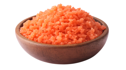 Invigorating pink sea salt scrub in a rustic wooden bowl for ultimate spa relaxation and skincare, Isolated on white background