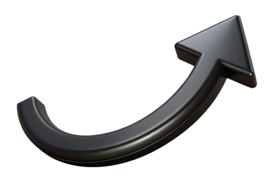 Thick dark curved arrow arcing upwards indicating progress growth and direction transparent background