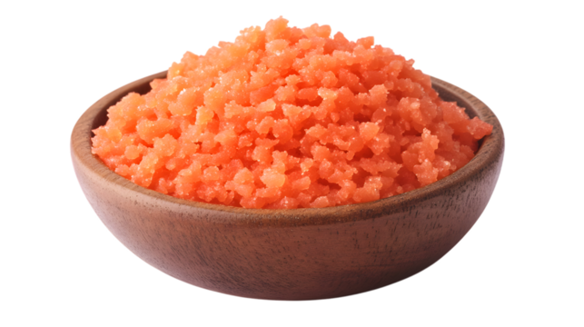 Invigorating pink sea salt scrub in a rustic wooden bowl for ultimate spa relaxation and skincare, Isolated on white background