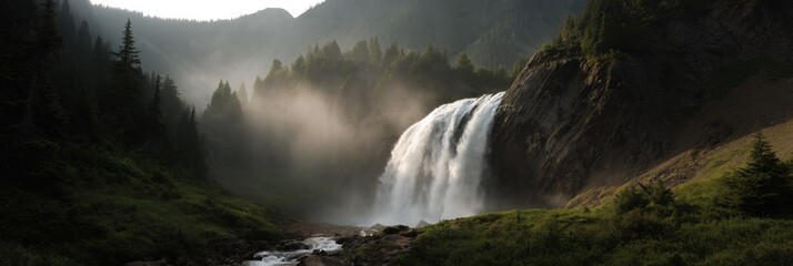 Majestic waterfall in lush forest setting with misty morning light and pine trees