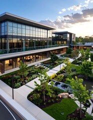 Obraz premium Modern office complex with landscaped courtyard, showcasing a blend of architecture and nature.