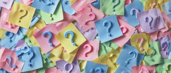 The Question Marks on Colorful Sticky Notes Create a Playful Background Suggesting Inquiry