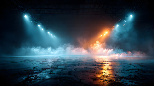 Bright stadium arena lights, Smoke bombs, empty darkscene, neon light, spotligts The concrete floor and tudio room with smoke floa up the interior texture, ight view for display prodcts