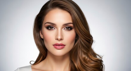Naklejka premium Close-up portrait of a woman with styled brown hair and cosmetic enhancement looking straight ahead