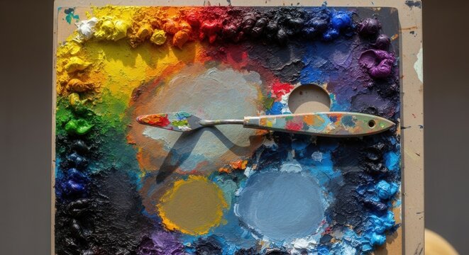Vibrant paint palette with an array of colors and a palette knife showcasing artistic expression - Powered by Adobe