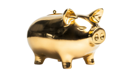 Luxurious golden piggy bank symbolizing wealth accumulation and financial prosperity for modern savings goals, Isolated on white background