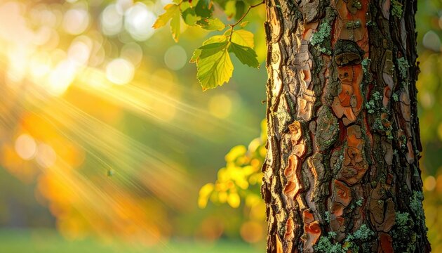Tree bark illuminated by sunlight with bokeh background