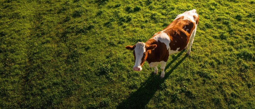 The Cow Standing Alone in a Sunlit Green Pasture Casting a Long Shadow