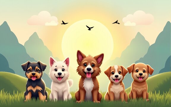 International dog day with cute dogs including Yorkshire dogs and domestic dogs are standing and looking front behind them mountains background with having birds shiny sky with a sun. High quality - Powered by Adobe