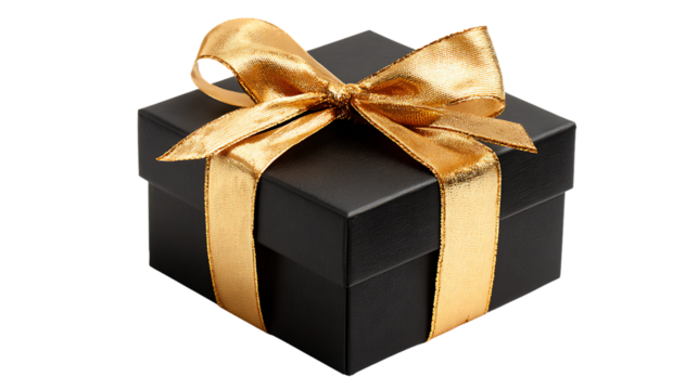 Black gift box with gold ribbon isolated on transparent background