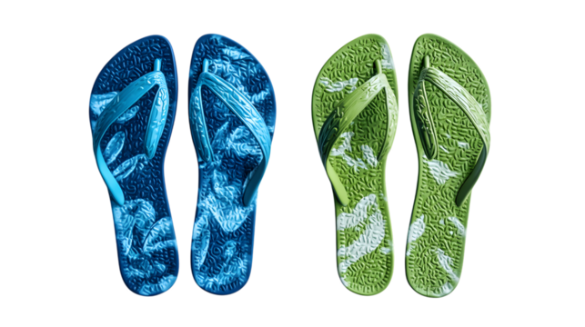 Blue and green patterned flip-flops, Isolated on white background