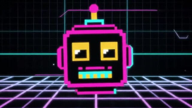 A vibrant pixel art robot head in pink and yellow, set against a retro-futuristic grid background with neon lines, evoking an 80s arcade game aesthetic.