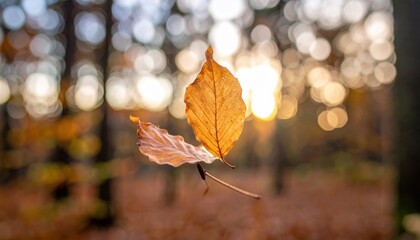 Two Autumn Leaves Suspended Against Sunlight
