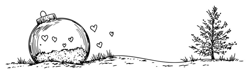 hand drawn glass ornament ball with hearts romantic symbol sketch illustration