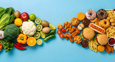 Healthy and unhealthy food on a blue background, a vibrant contrast between fresh produce and processed treats, a choice for wellness