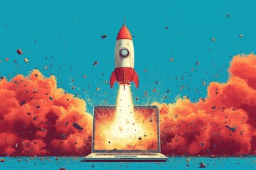Cartoon rocket blasting off from a laptop screen with fiery explosion and smoke clouds, symbolizing startup growth, creativity, and innovation
