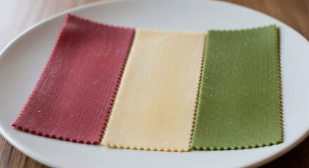 Vibrant tricolor lasagna noodles arranged elegantly on a white plate, ready for culinary creation