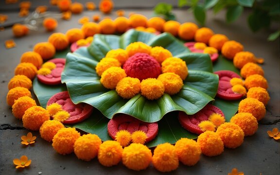 Dashera Festival apta leaf with marigold flower rangoli. High quality