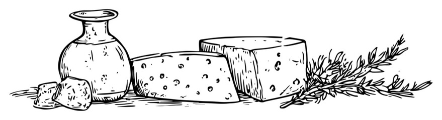 hand drawn cheese assortment with herbs and bottle