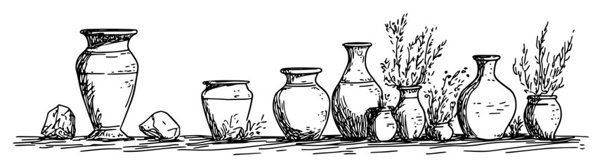hand drawn ceramic pots and herbs on shelf
