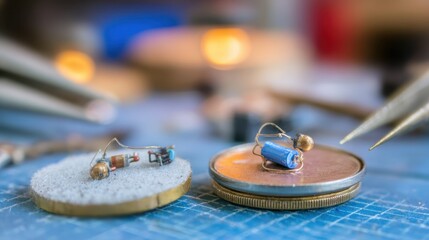 Detailed shot of a quartz watch battery replacement capturing the crisp focus on electronic parts while the surrounding repair station remains out of focus.
