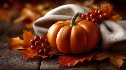 Cozy autumn still life with a pumpkin, red berries, and colorful maple leaves on rustic wooden table, warm fall harvest and Thanksgiving concept.