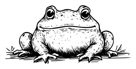 frog sitting front view black and white vector illustration