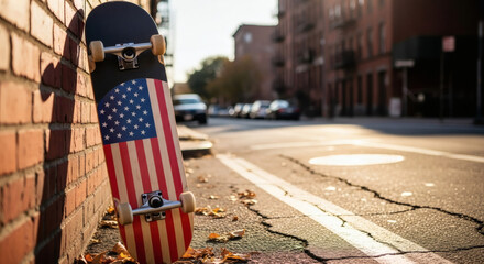Iconic American flag skateboard leans against brick wall on sunlit urban street