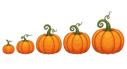 Cartoon Pumpkins in Growth Sequence, Orange Vegetables with Green Stems on White Background