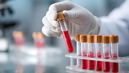 A gloved hand holds a test tube with red liquid, amongst other similar tubes