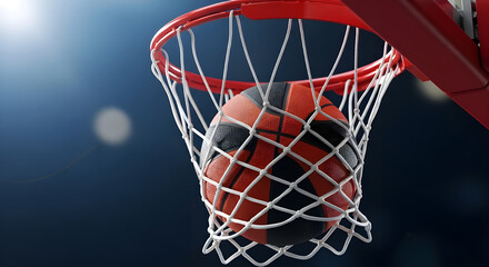 Basketball ball falling into hoop net, perfect for sports, competition, and achievement themes, with dynamic lighting and dramatic angle