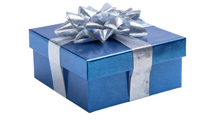 Blue glitter gift box with silver ribbon isolated on transparent background