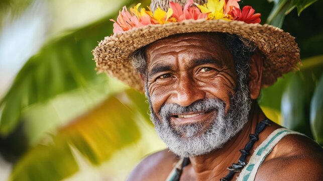 A smiling elderly man with a beard and mustache, wearing a straw hat adorned with flowers, standing in front of a lush green background with large leaves.