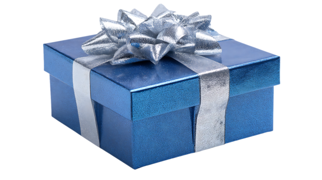 Blue glitter gift box with silver ribbon isolated on transparent background
