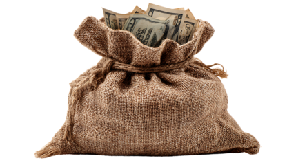 Burlap sack full of money isolated on transparent background