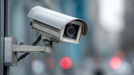 A close-up of a security camera mounted on a wall. The camera is silver and cylindrical, capturing the urban environment with blurred traffic in the background.