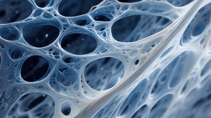 Abstract close-up of a blue and white textured surface with interconnected bubbles and organic shapes. The design resembles a microscopic view of cellular structures.