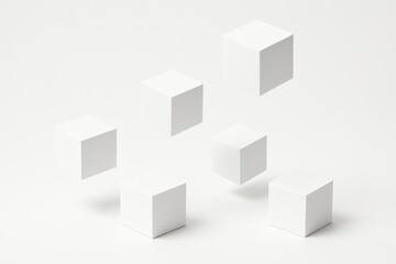 Obraz premium Minimalist isometric arrangement of floating white cubes against a clean white background
