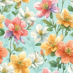 Elegant Floral Watercolor Seamless Pattern With Blooming Flowers And Green Leaves